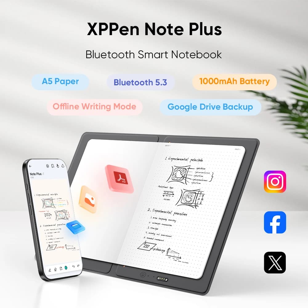 XPPen Note Plus Bluetooth Smart Notebook Battery-free Pen Graphics Tablet Digital Writing Pad A5 Size Work for ios and Android
