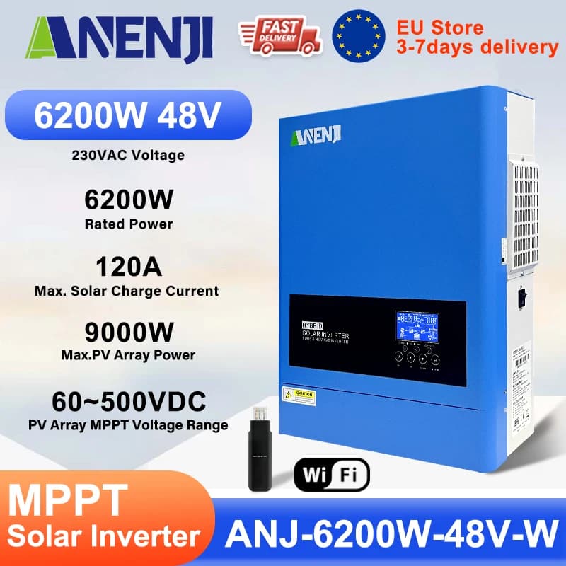 ANENJI 6.2KW 48V Hybrid Solar Inverter 230V Pure Sine Off Grid On Grid Inversor 120A MPPT Solar Charge Controller for PV panels