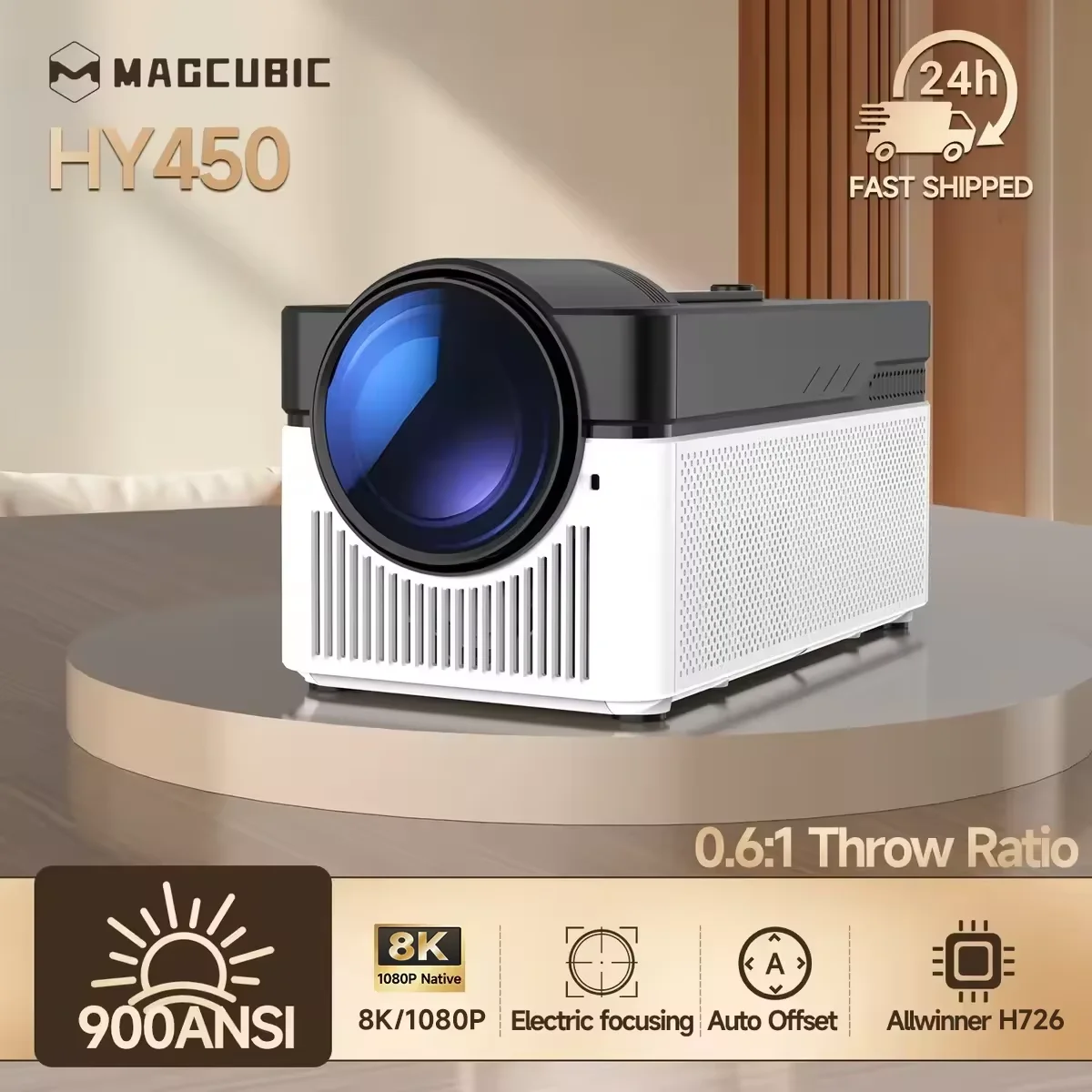 Magcubic Ultra Short Throw HY450 Projector with Automatic Offset, 1080P 8K Resolution, Electronic Focus, 900 ANSI, WiFi6, BT5.4, Voice Control.
