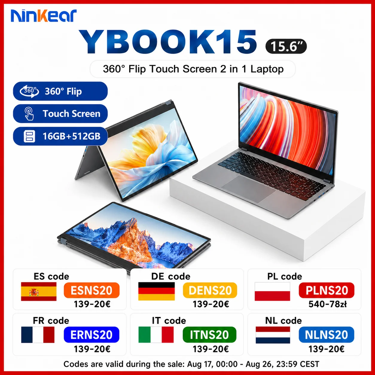 Ninkear YBook15 2 in 1 Laptop 15.6'' FHD IPS Touchscreen 360° Convertible AMD Ryzen 3 3250U 16GB DDR4 512GB SSD WiFi Bluetooth Backlit Keyboard Windows 11 Notebook for Office Study