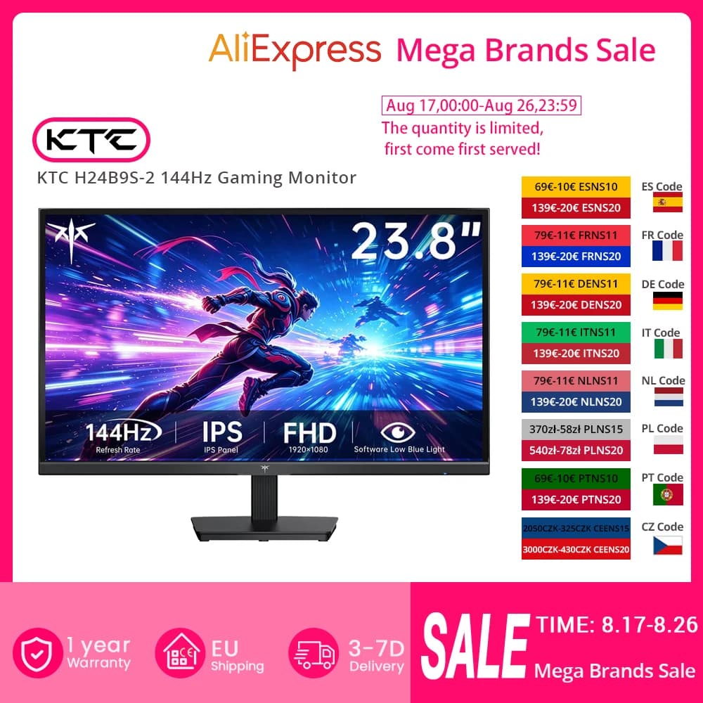 KTC H24B9S-2 144Hz Gaming Monitor, 23.8' FHD IPS Display, 178° Wide Viewing Angle, 113% SRGB, 16.7M Colors, Low Blue Light, 280 cd/m², HDMI & VGA, VESA 75x75mm Mount, Smooth Gaming & Daily Productivity