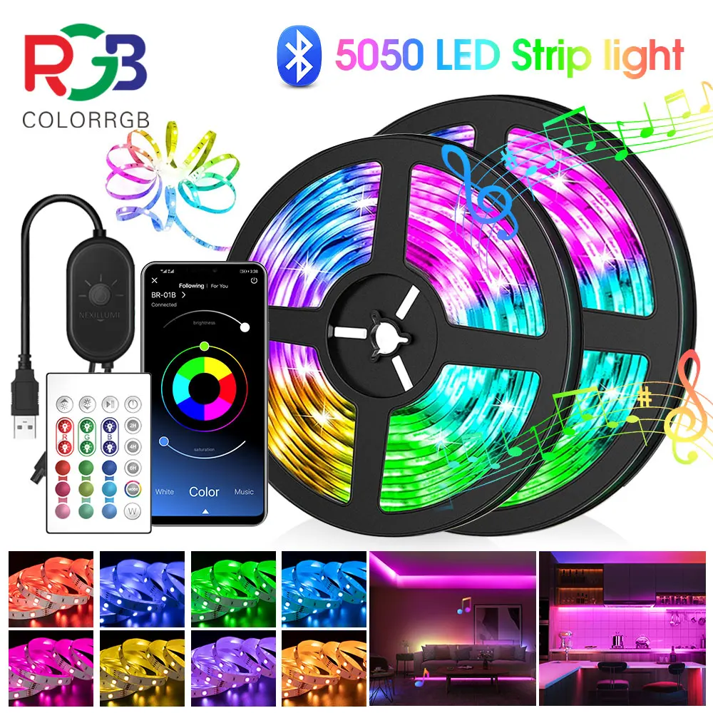 ColorRGB, LED Strip Lights 10M 15M, Music Sync Color Changing RGB LED Strip 24-Key Remote,APP Control, SMD5050, For TV PC Home