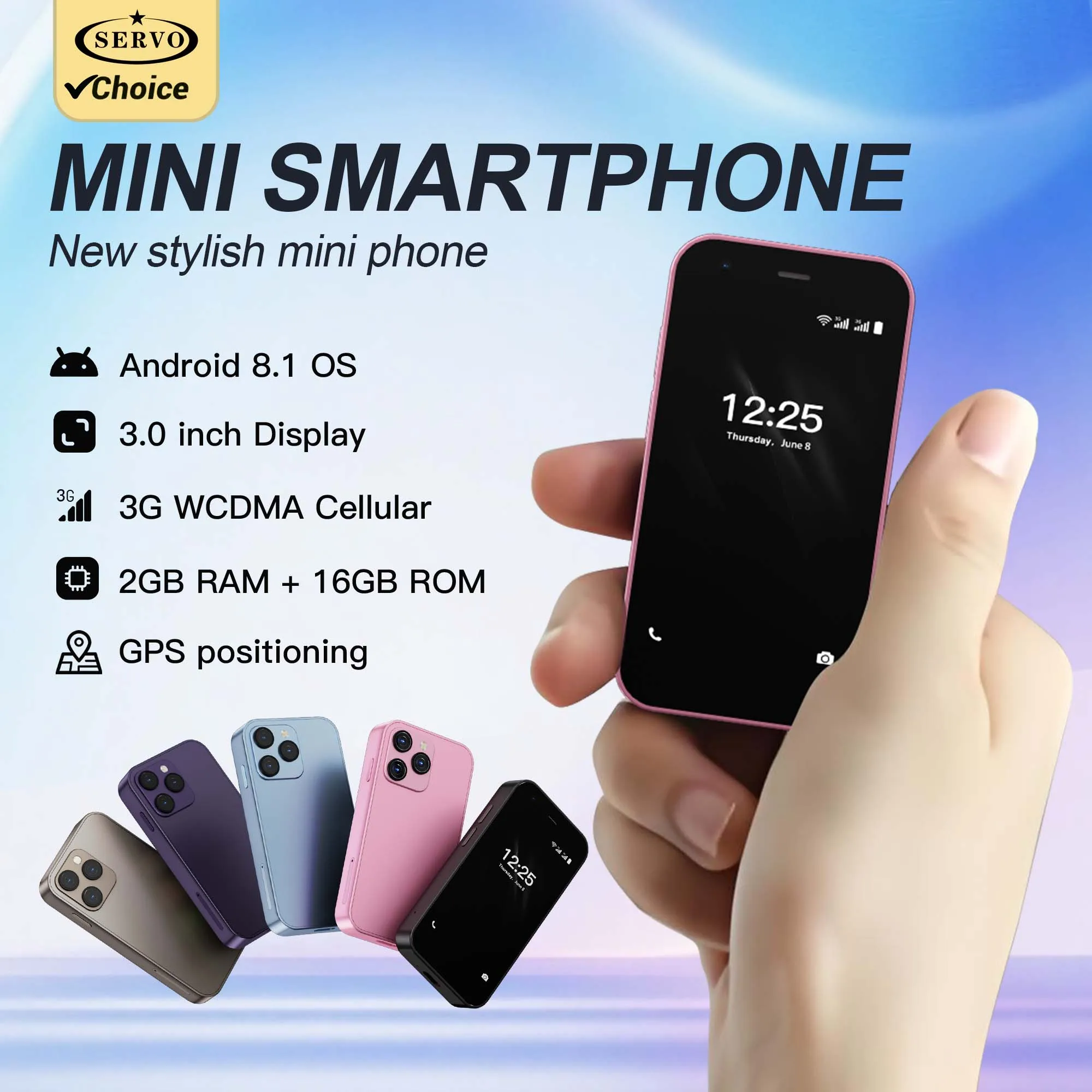 SERVO 15SE Mini Pocket Smartphone 3G WCDMA Dual SIM Android System 3.0" Display 2GB+16GB WiFi Hotspot GPS Face Unlock Bluetooth Play Store Type-C Camera Flashlight Small Palm Mobile Phones