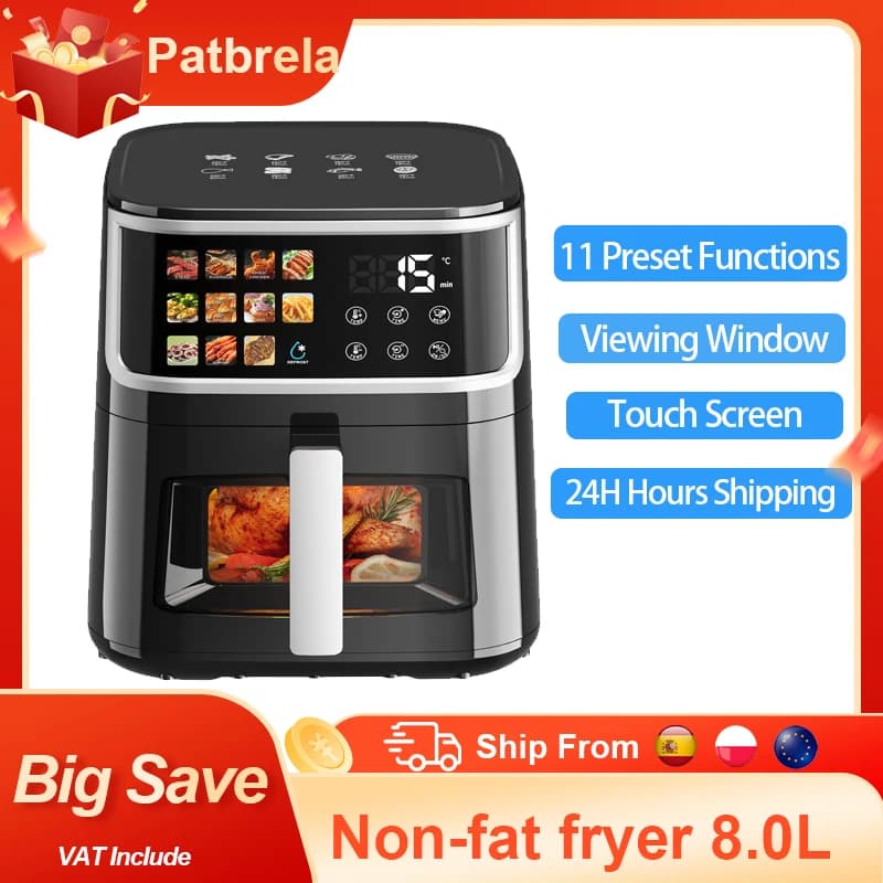 Patbrela Non-fat fryer 8L Large Hot Air Frye with Led Screen 11 Preset Functions 1700W Multi-Function Cooking Oven