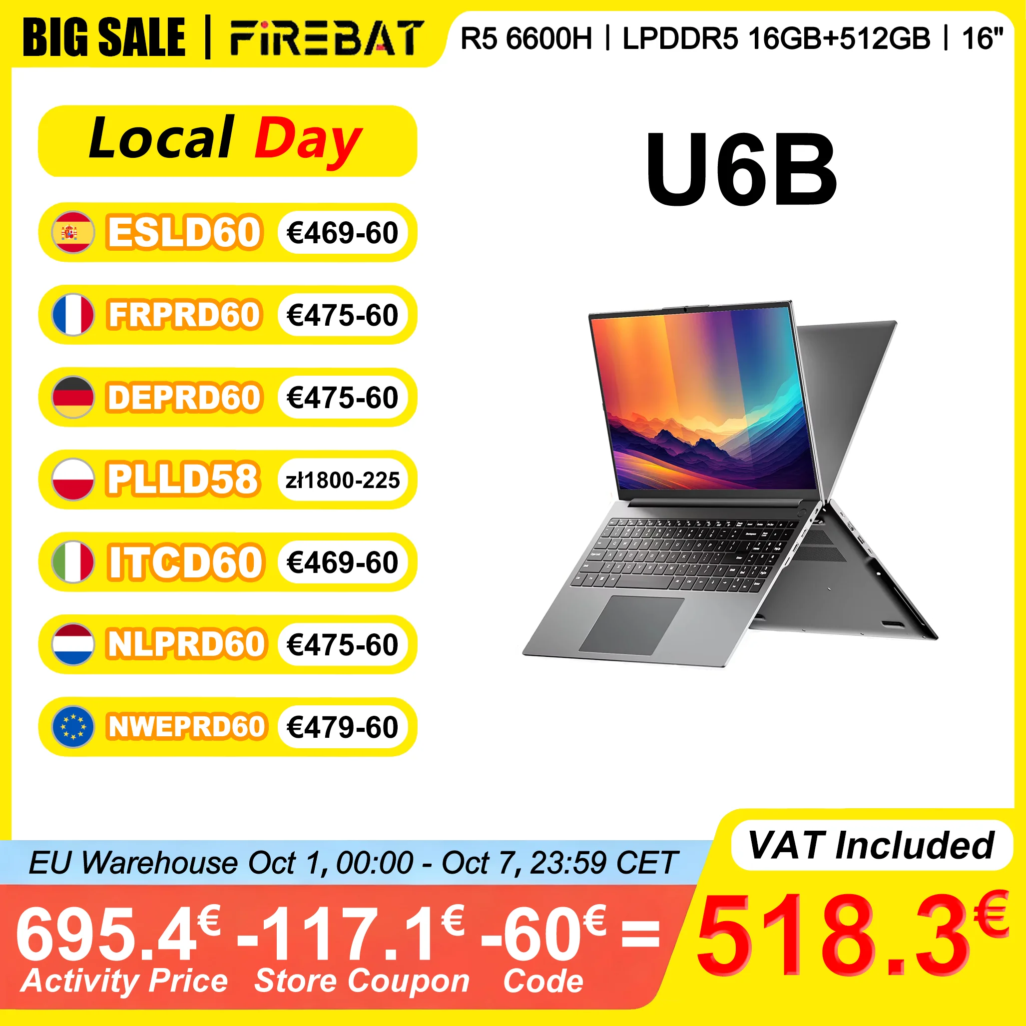 Firebat Laptop U6B AMD R5 6600H DDR5 16GB 512GB SSD 16 Inch 2.5K 120hz IPS Windows 11 Notebook Type-C WIFI6 Full-size Keyboard