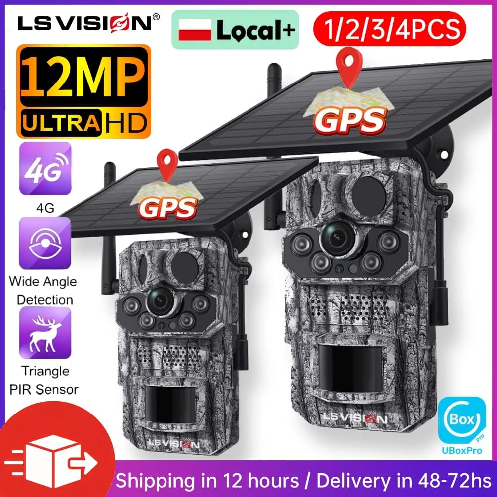 LS VISION 1-4PCS 4G LTE Trail Camera 12MP Battery Solar Camera PIR Motion Activated 0.2s Trigger Time Night Vision Solar Wildlife Hunting Cam UBOX Pro