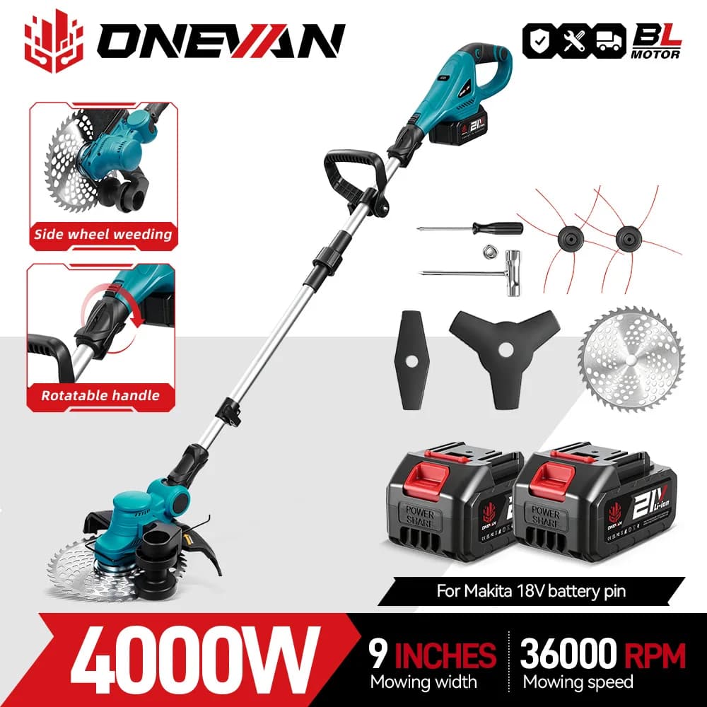 ONEVAN 9Inch Brushless Electric Lawn Mower 36000RPM Cordless Grass Trimmer Foldable Cutter Garden Tool For Makita Battery Pin