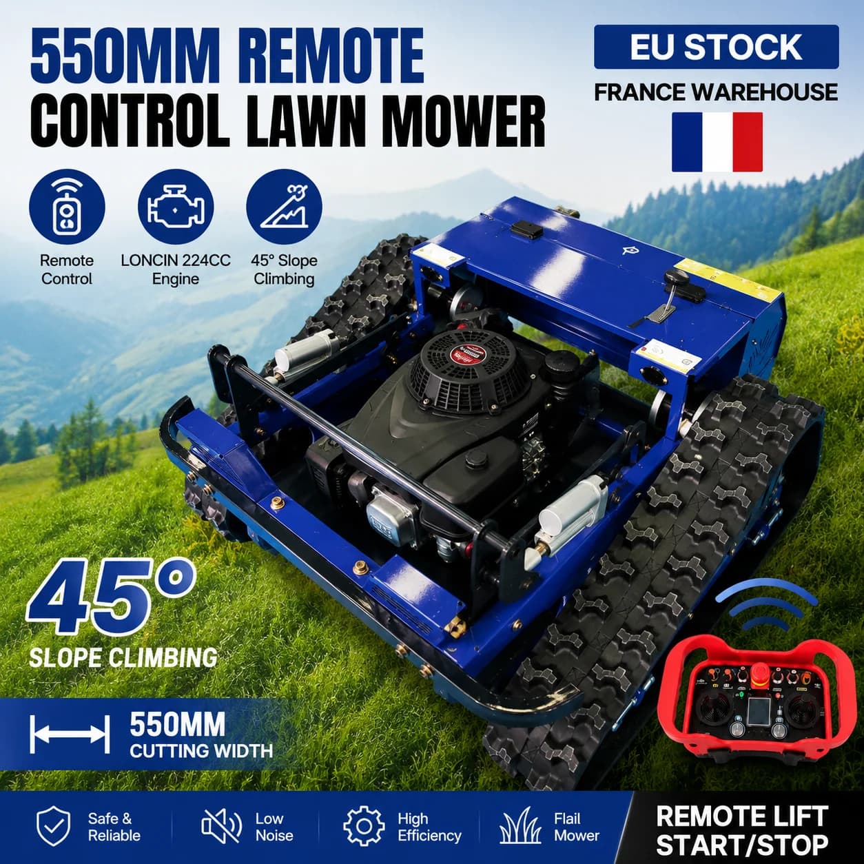 Remote Control Tracked Flail Mower 550MM LONCIN 224CC 45° Slope Mower Remote Lift Start‑Stop EU Stock France Warehouse