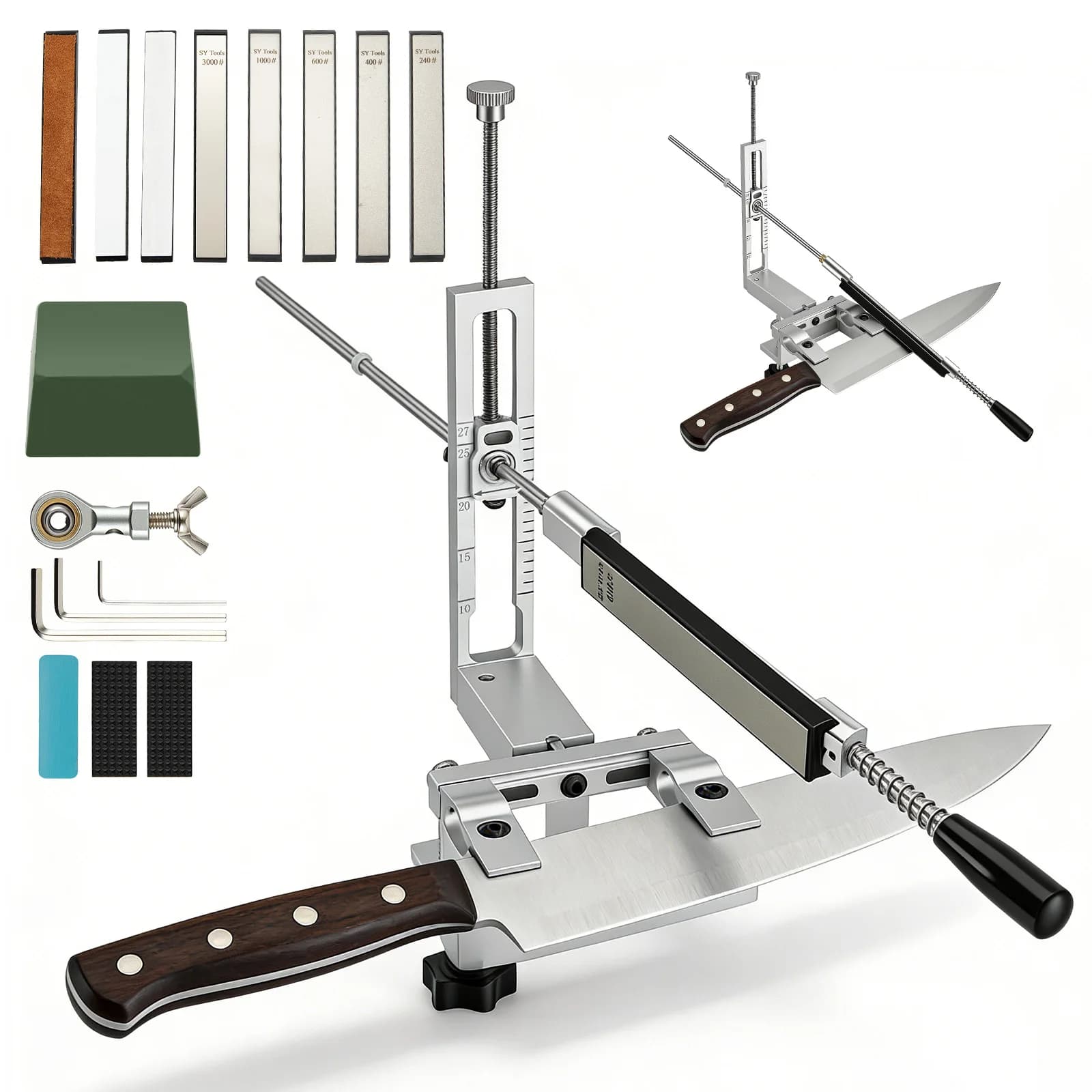 Knife Sharpener Professional System, 360° Dual Clamp System, Quick Release C Clamp, 2-Way Angle Adjustment, Adjustable Knife Holder, Kitchen Knife Sharpening System, 4 Diamonds, 2 Watertight