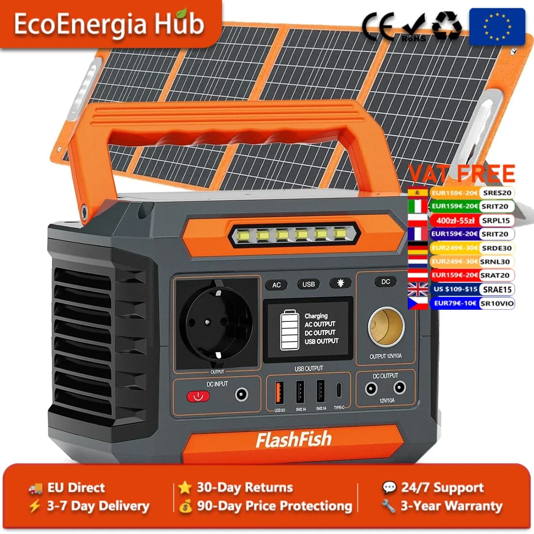 FlashFish P66A Portable Power Station 200W 144Wh 39000mAh +100W Foldable Solar Panel AC/DC/USB Output for Camping Home Backup Emergency Outdoor EU Stock