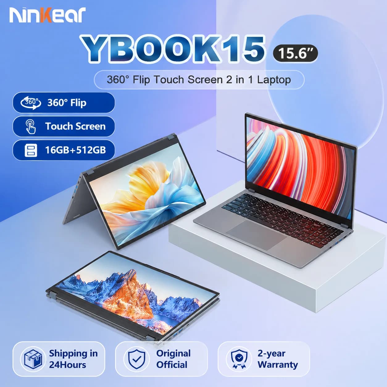 Ninkear YBOOK15 15.6 Inch 2-in-1 Laptop AMD Ryzen 3 3250U 16GB DDR4 RAM 512GB SSD Convertible Notebook 360° Flip Touchscreen FHD Display Radeon Vega 3 Graphics USB-C HDMI WiFi Bluetooth Portable Windows Laptop