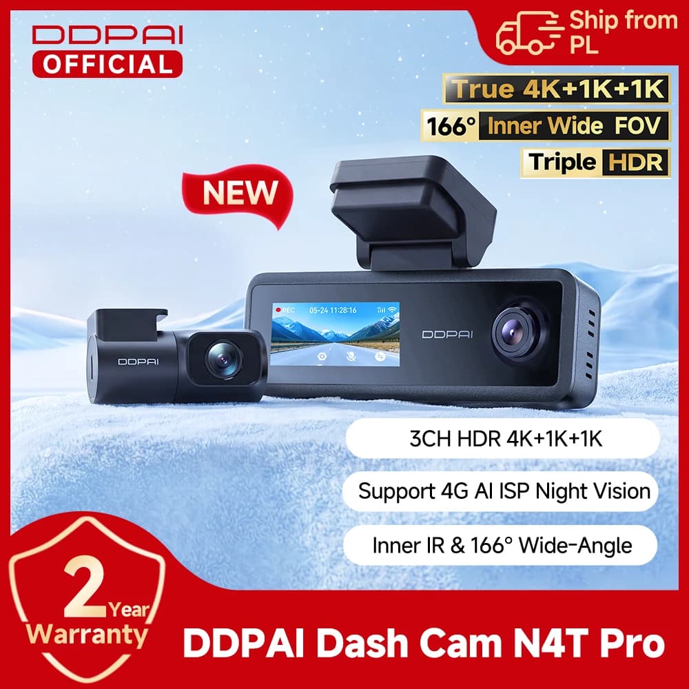 New DDPAI N4T Pro Triple Dash Cam True 4K+1K+1K Three Way Recording NightVIS 2.0 AI ISP Collision Wake Up 24 7 Parking Guard Wi-Fi 6 ADAS GPS 4G Ready Car Camera