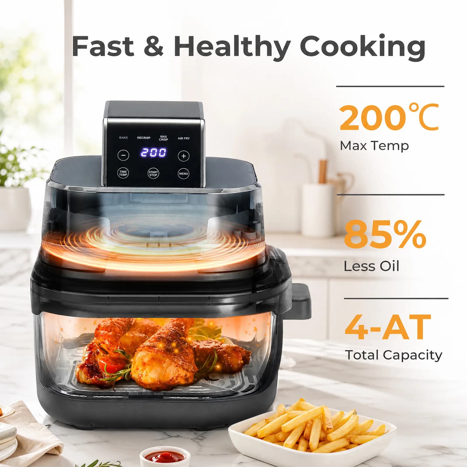 4L Portable Air Fryer 1500W with 2 Glass Containers, 4-in-1 Air Fryer for Air Fry, Bake, Recrisp & Max Crisp, Blue