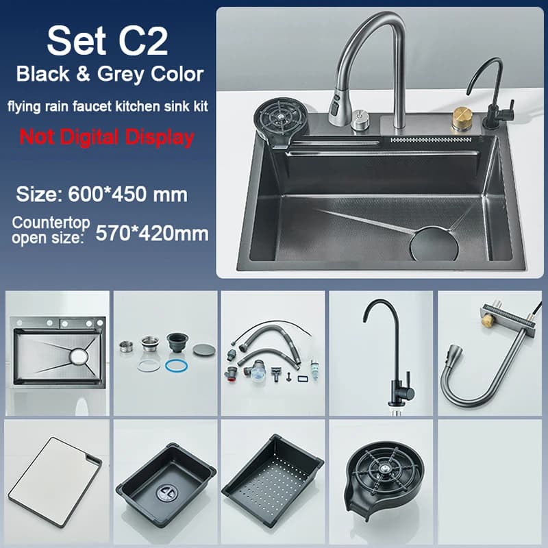 304 Stainless Steel Kitchen Sink with Digital Display Waterfall Faucet, Multifunctional 75*45cm Large Single Slot Whale Sink