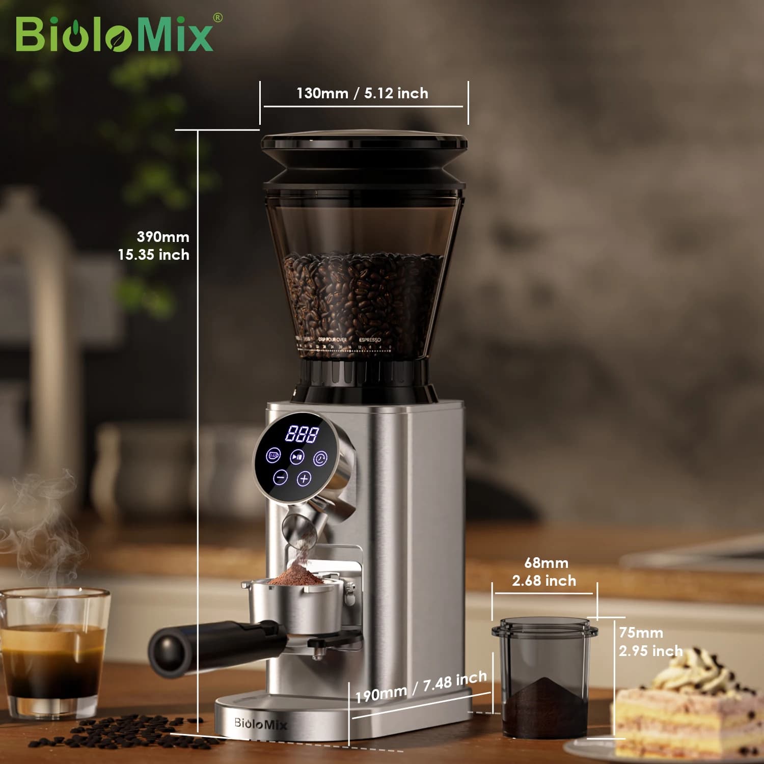 BioloMix Professional Conical Burr Grinder 48 Adjustable Settings with Removable Holder for Espresso Drip and French Press