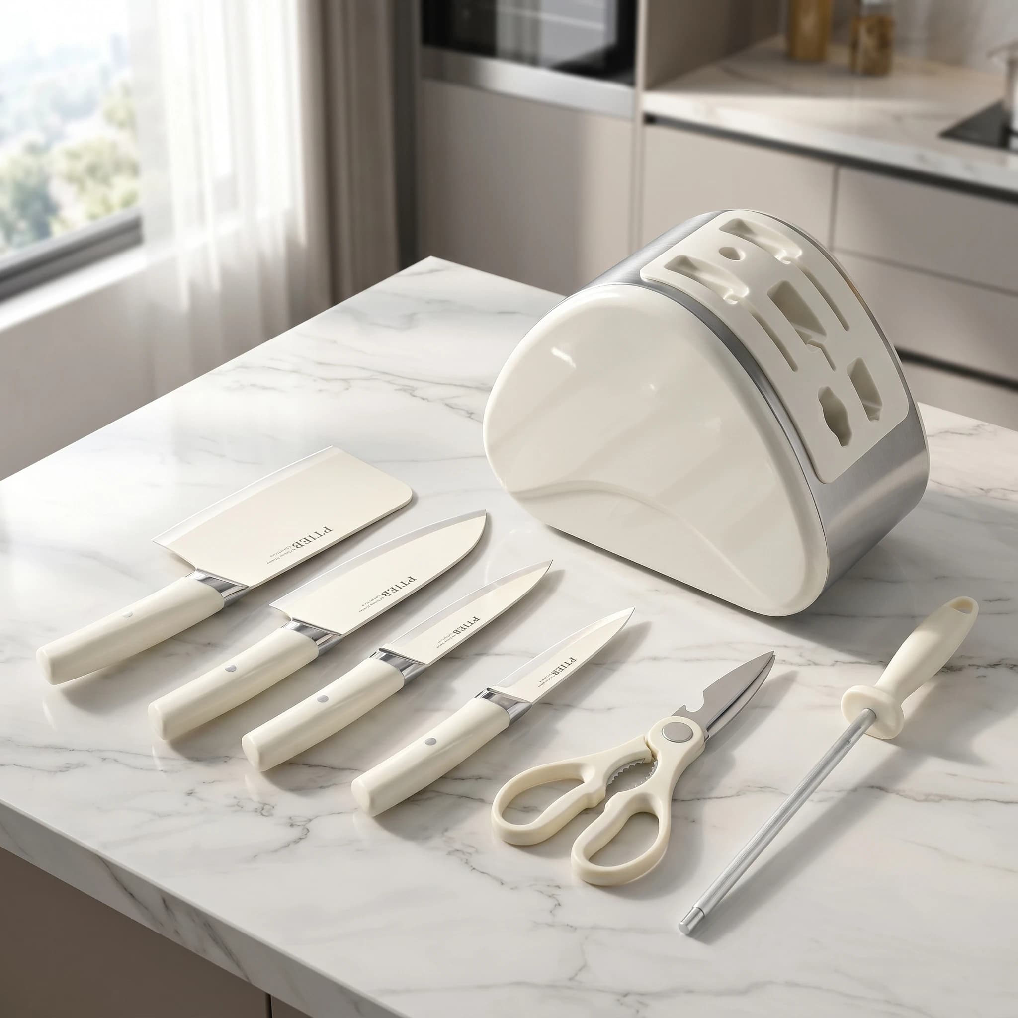 7 Piece Kitchen Knife Set with Holder, White Stainless Steel Sharp Chef Knives, Knife Block Set for Cooking, Chopping, Slicing,