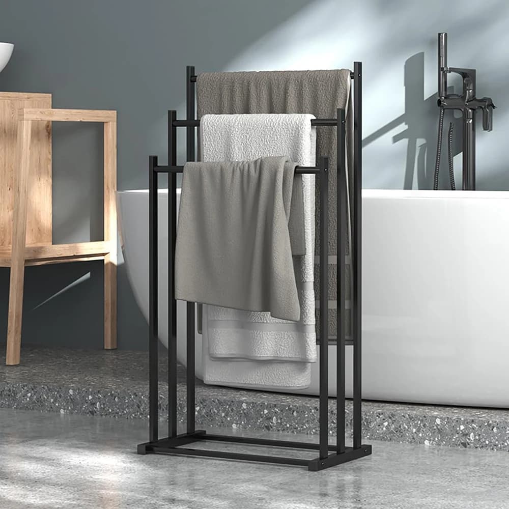 3-Bar Towel Holder – Space-Saving Open Rack – Quick Drying Odor-Free – Sturdy Iron with Anti-Rust Coating – Free Standing Stable Base – Multi-Purpose Home Storage Organizer