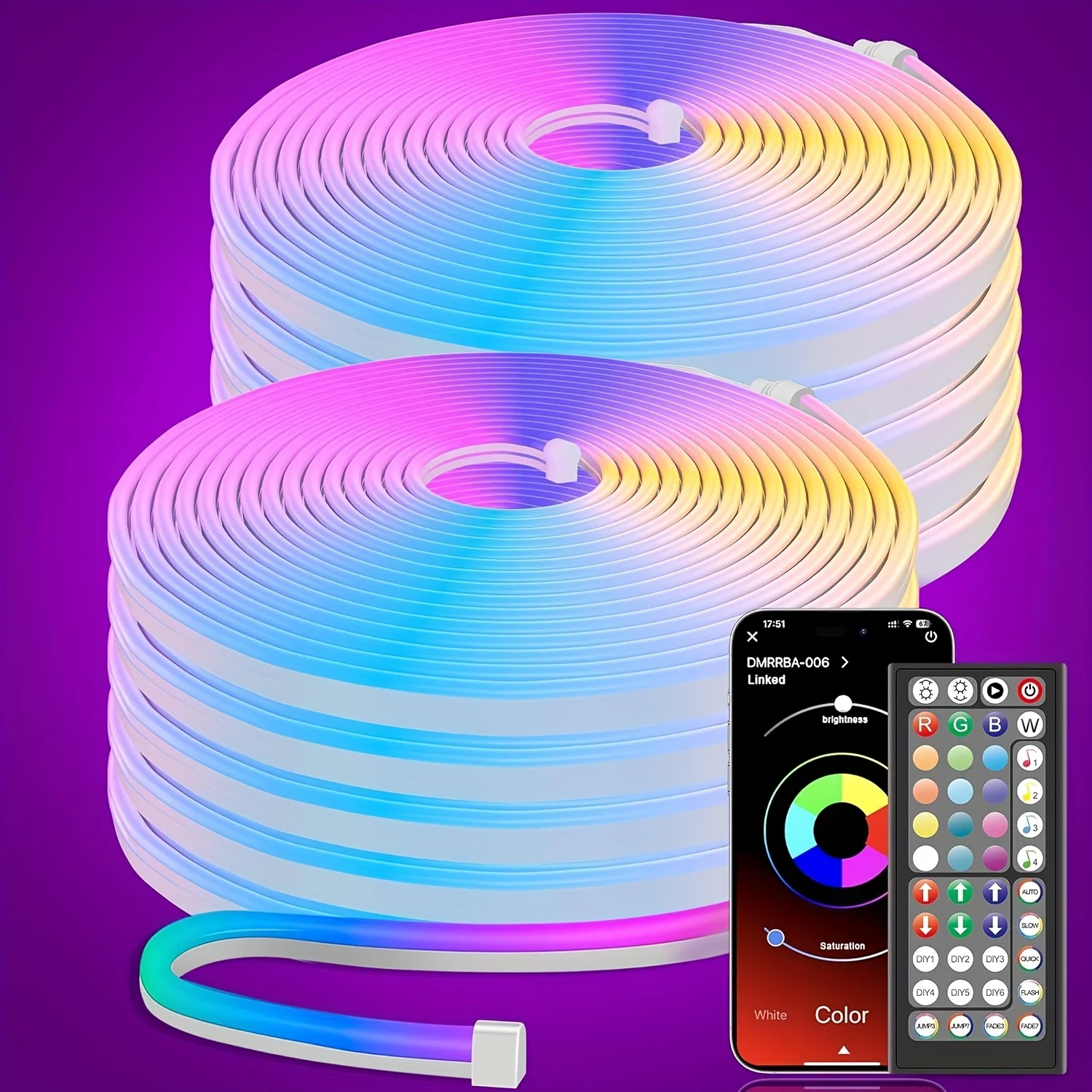 30/20/15/10/5 m LED Neon Rope Lights, Control with App/Remote Control, IP65 Waterproof Flexible LED Rope Light, Multiple Modes, RGB Neon Lights