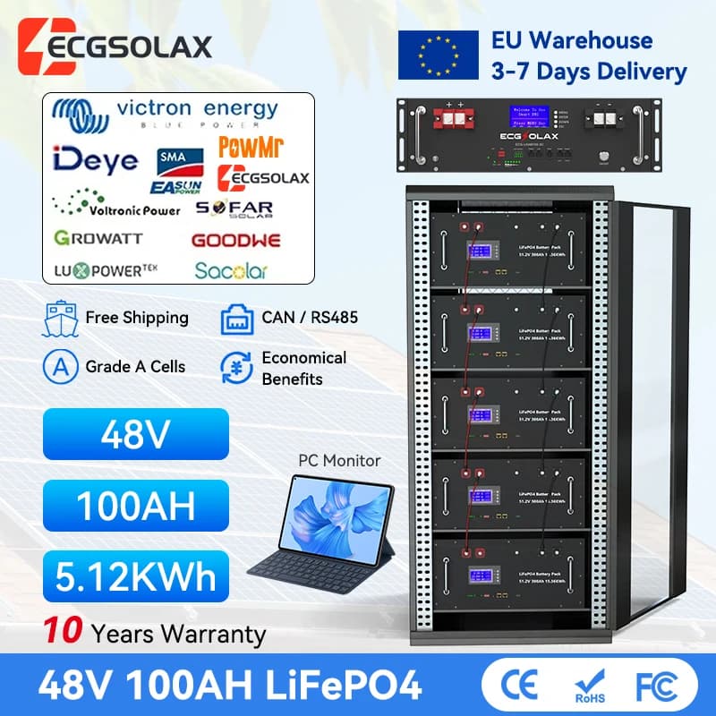 Ecgsolax Lifepo4 48V 100Ah 5.12Kwh Battery 51.2V 100Ah Lithium Solar Battery + Cables with 16S 100A Bms for Inverter Eu Stock