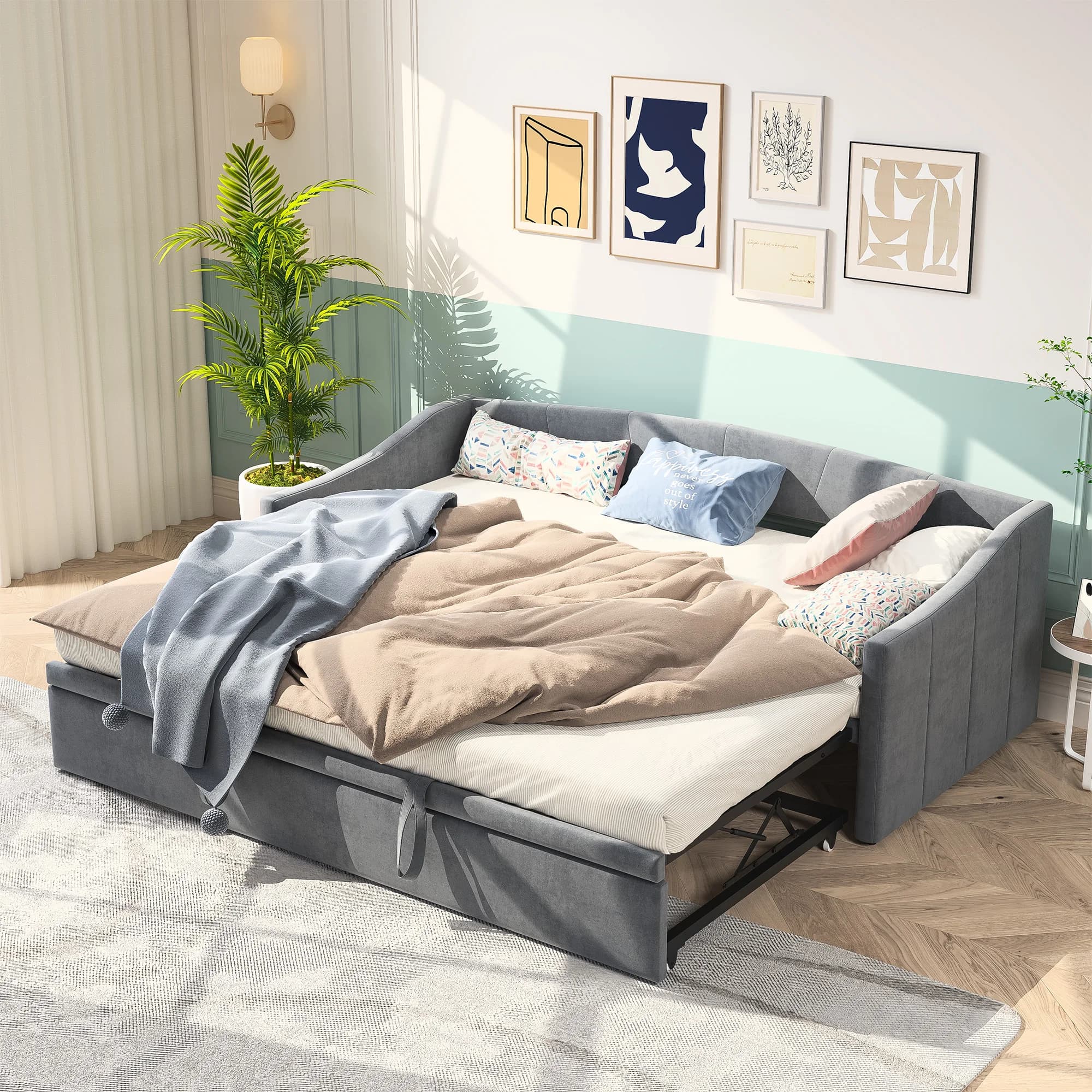 Rosahqnda Upholstered sofa Bed 90/180x200cm Daybed Sofa Bed,Upholstered Bed With Slatted Frames,for adults and youth,Velvet Fabric,Beige/Grey,Without Mattress