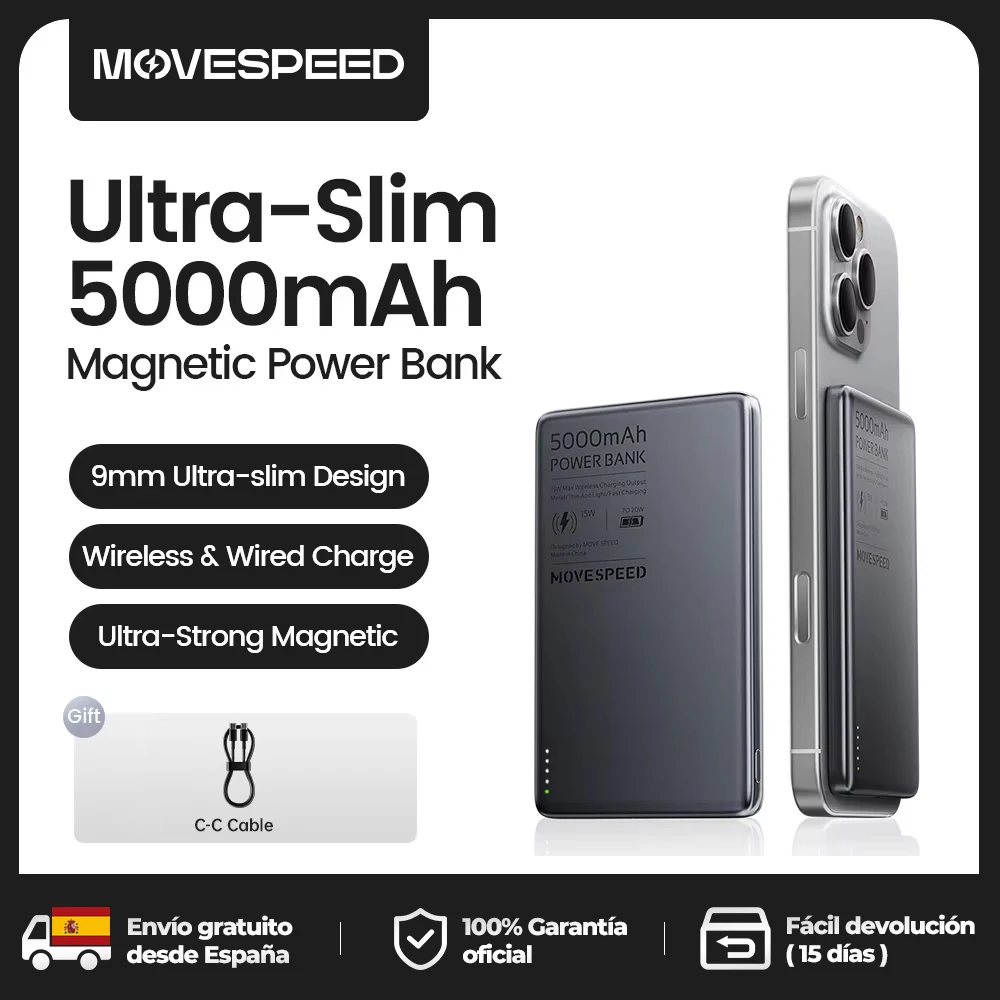MOVESPEED S05 Slim Magnetic Power Bank 5000mAh Fast Charge Mini Wireless Portable Charger Battery for iPhone 16 15 14 PowerbanK