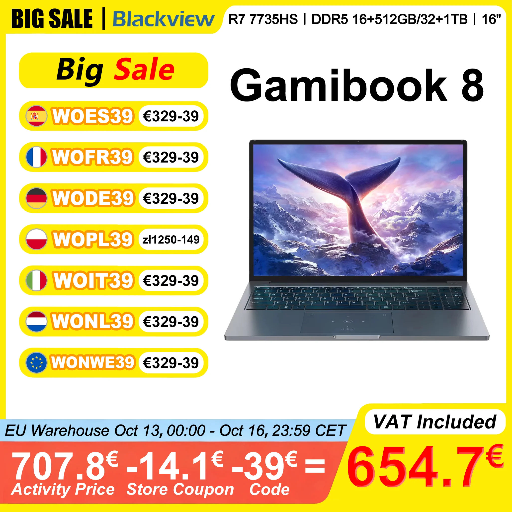 Blackview ‎GamiBook 8 Laptop 16 Inch AMD R7 7735HS DDR5 16GB/32GB RAM 512GB/1TB ROM Windows 11 Pro BT5.2 Wifi6