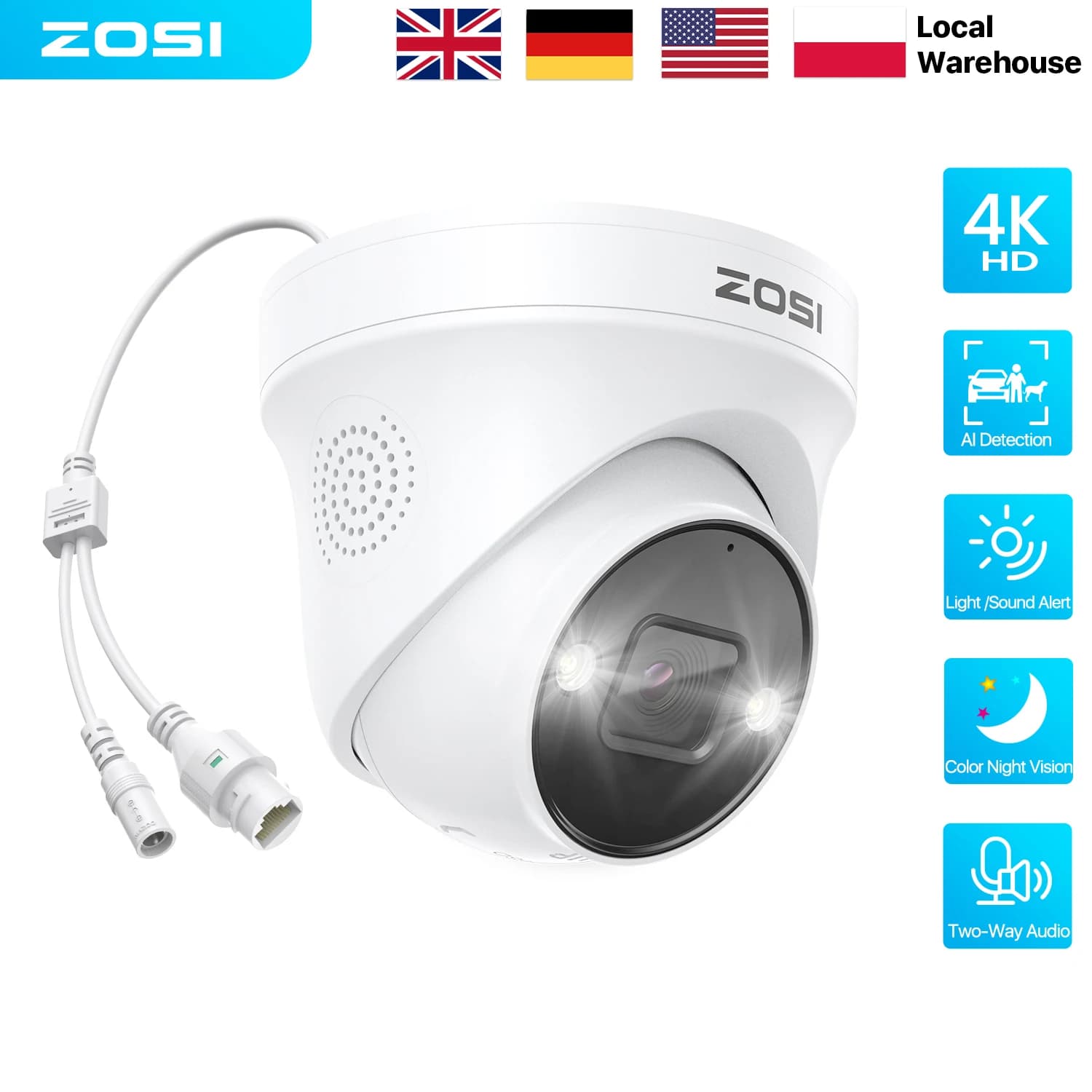 ZOSI 8MP/5MP Dome PoE Camera Outdoor 2-Way Audio Color Night Vision Street Surveillance IP Camera Smart Human Vehicle Detection