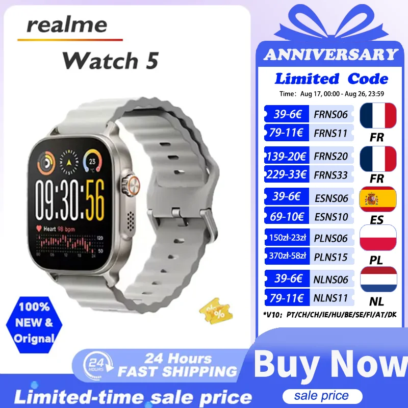 realme watch 5 Global Version 1.97" AMOLED 460mAh 14-Day Battery Life 300+ Themes Support GPS GNSS IP68 waterproof