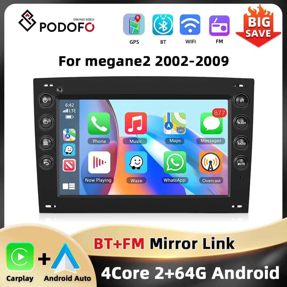 Podofo 7'' 2+64G Car Radio For Renault Megane2 2002-2009 Multimedia Player Bluetooth GPS Carplay Android Auto RDS USB Car Stereo