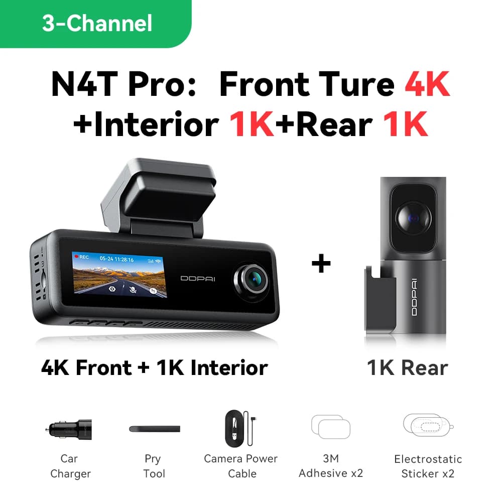 New DDPAI N4T Pro Triple Dash Cam True 4K+1K+1K Three Way Recording NightVIS 2.0 AI ISP Collision Wake Up 24 7 Parking Guard Wi-Fi 6 ADAS GPS 4G Ready Car Camera
