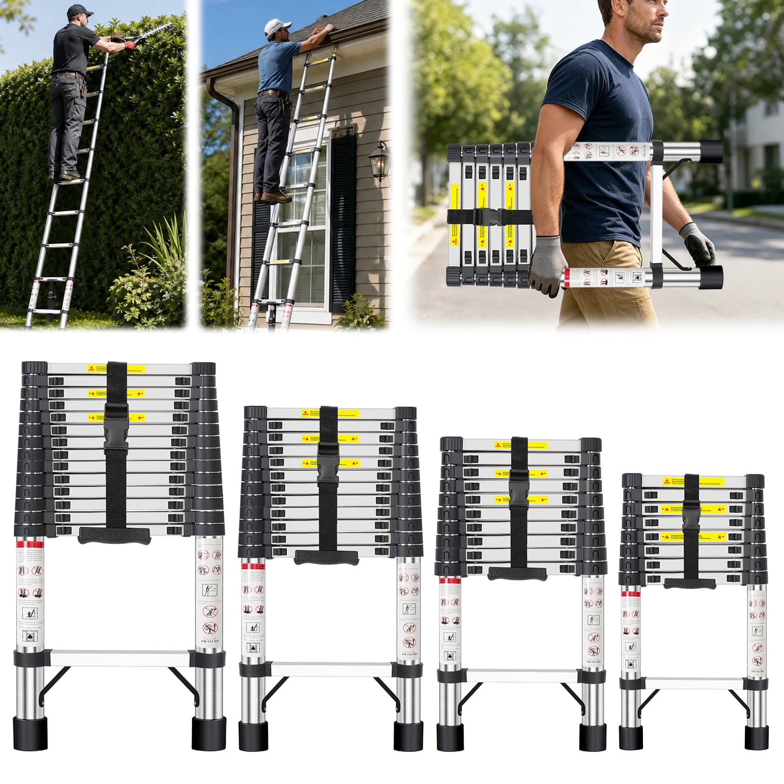 4.4/3.8/3.2/2.6m Telescopic Ladder Foldable Adjustable Step Ladder 150kg Load Reinforced Stainless Steel Safety Ladders Outdoor