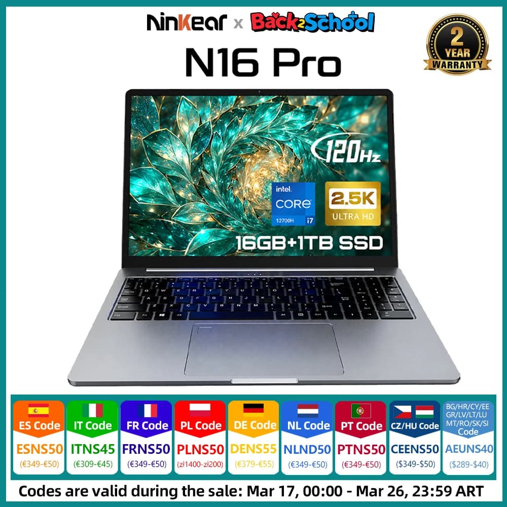 Ninkear N16 Pro 16" Laptop Intel i7-12700H 16GB RAM 1TB SSD 2.5K 120Hz Screen WiFi 6 Backlit Keyboard Fingerprint Slim Metal Notebook EU Plug