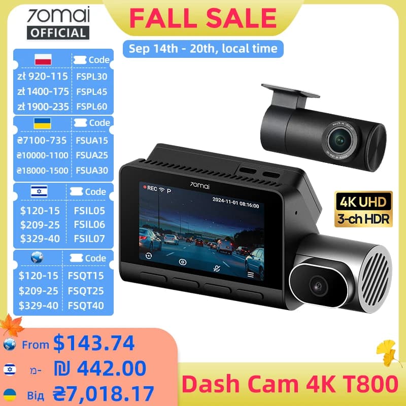 【Local Warehouse】70mai 4K Dash Cam T800 3-Channel Reconding Triple HDR Voice Control 4G LTE Remote Control Car DVR 70mai T800
