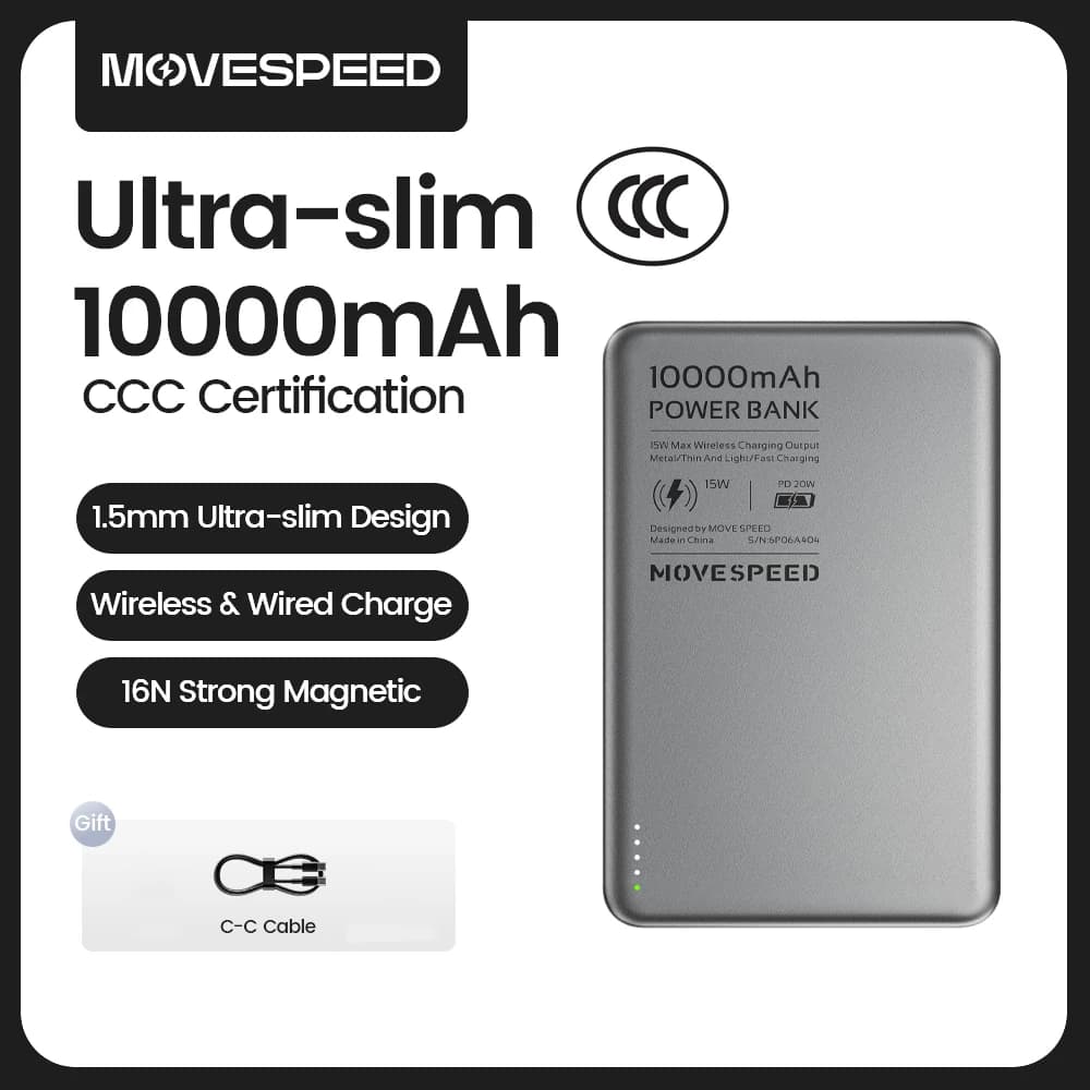 MOVESPEED S10 Slim Magnetic Power Bank 10000mAh PD20W Portable Charger Wireless External Battery for iPhone 16 Samsung Powerbank