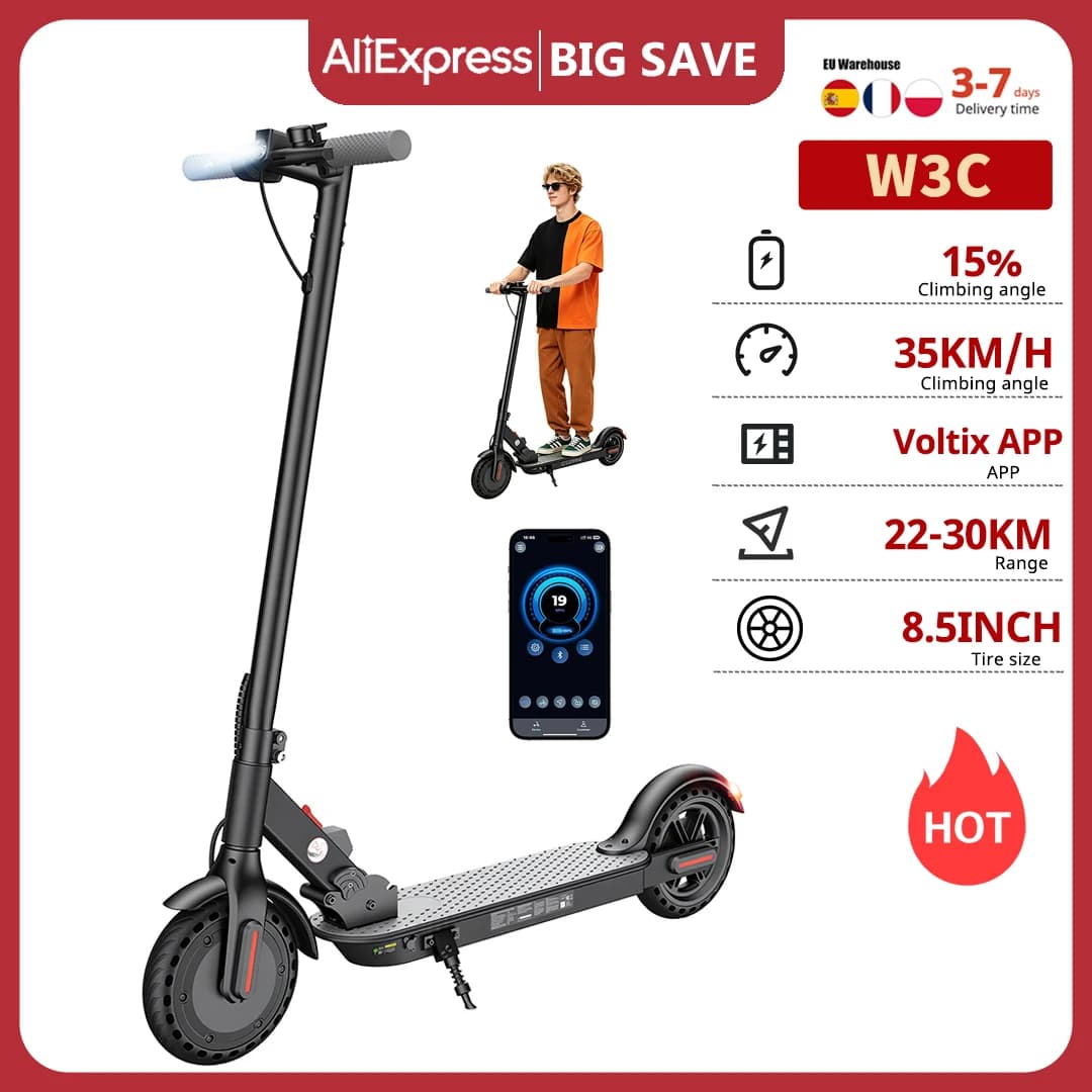 W3C Electric Scooter 8.5 Inch 500W Max Motor 36V7.8Ah Battery 22-30KM Range 3 Speed 35KM/H Rear Drive Rear Hub Brake + E Brake With App E Scooter