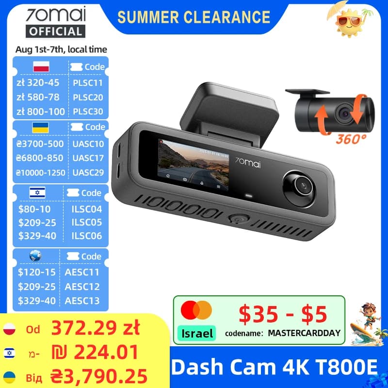 70mai T800E 3-Channel Front 4K + Rear 1080P + Interior 1080P HDR Supercapacitor 24H Parking GPS WiFi 6 70mai T800E Voice Control
