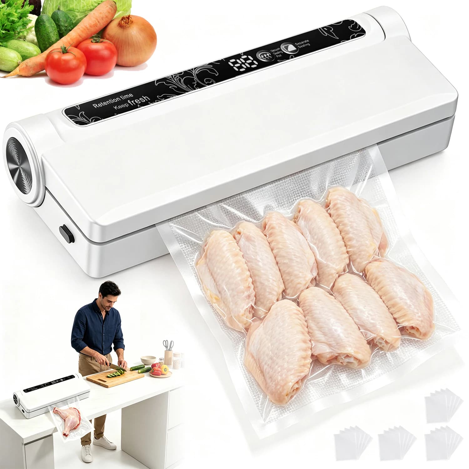 Fully Automatic Vacuum Sealer Machine Dry Wet Mode Electric Food Sealer Household Vacuum Packer for Meat Fruit Vegetable Food Preservation Storage
