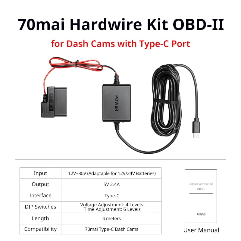 70mai Adjustable Hardwire Kit OBD II Type-C Interface Plug & Play 70mai OBD Kit 24H Parking Surveillance for 70mai Dash Cams