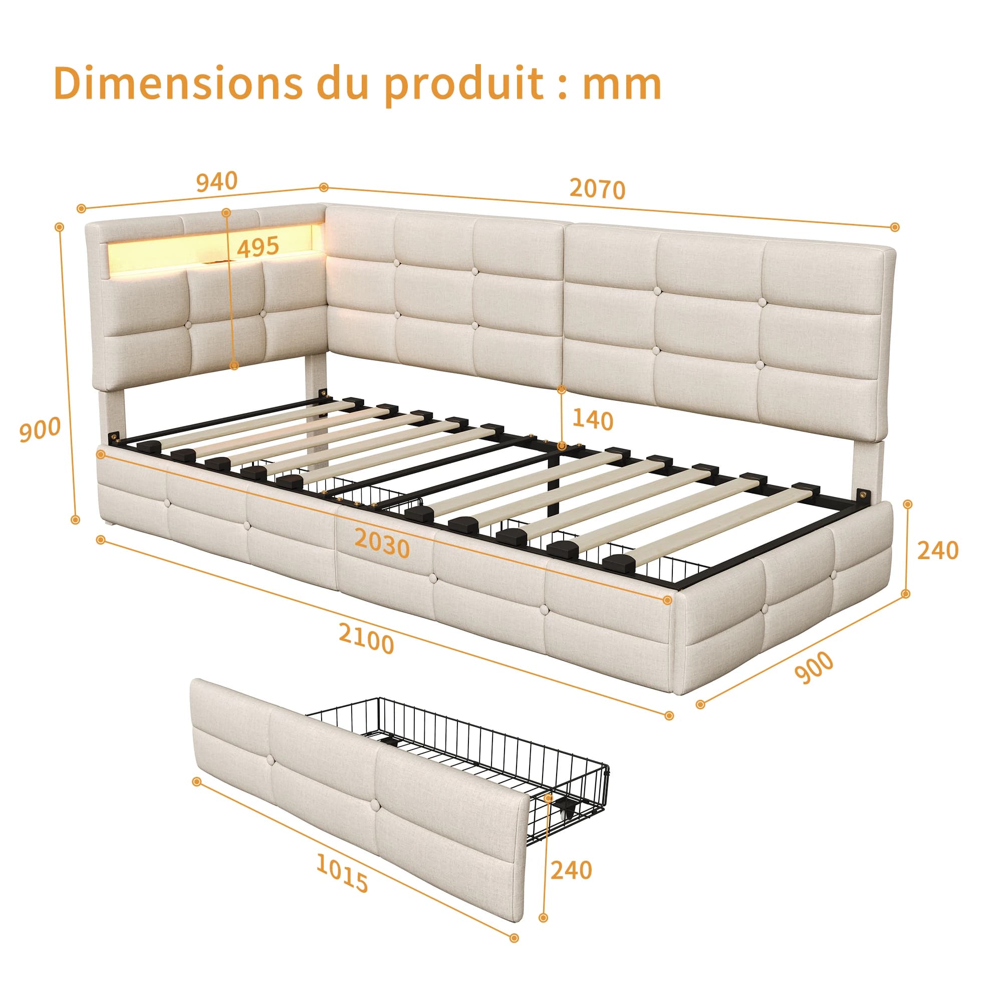 Upholstered Sofa Bed 140 X200 cm with LED Lighting  Youth Bed Day Bed with Storage Space & 2 Drawers, Guest Bed Frame with Slatted Frame, Linen