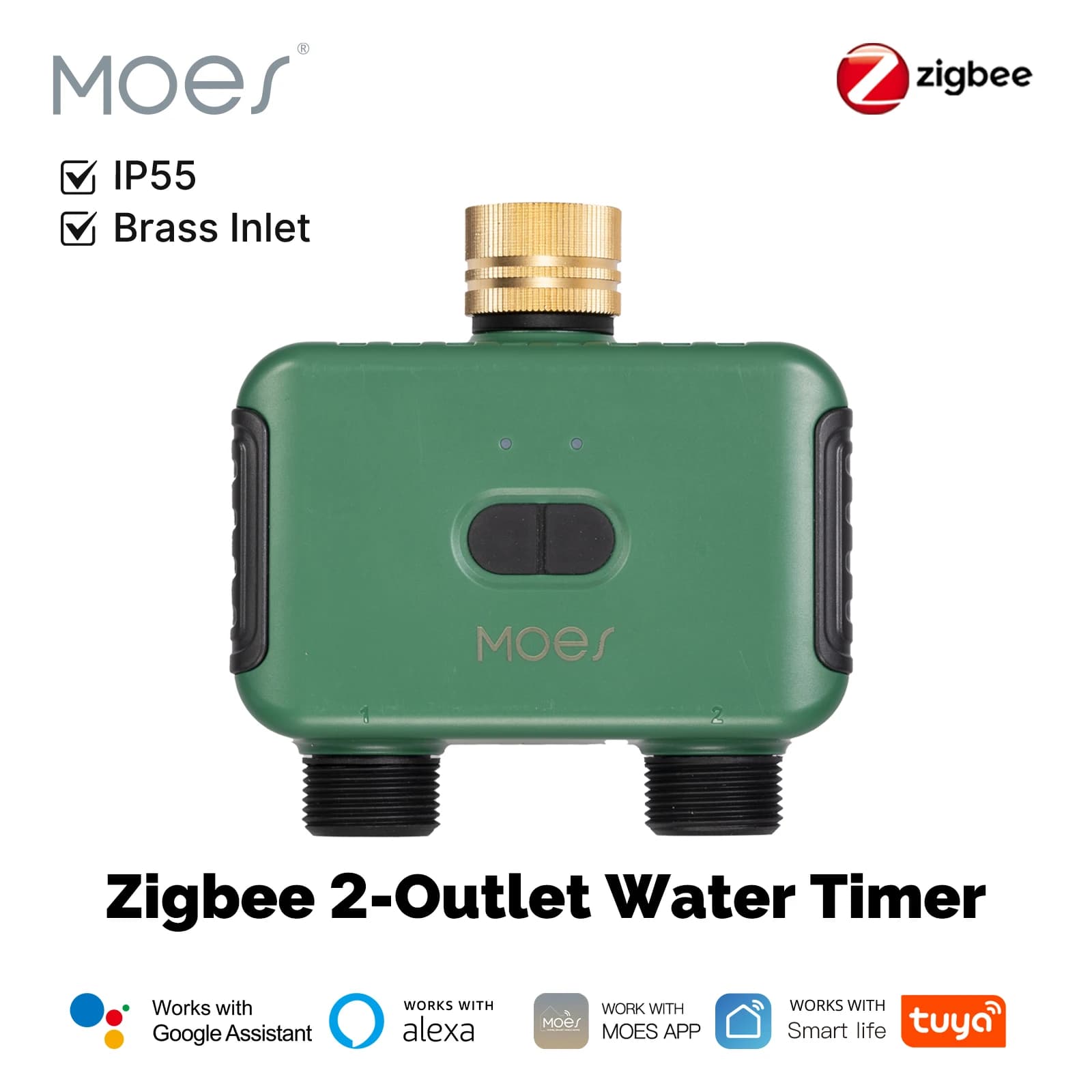 MOES Tuya Smart ZigBee 2-Outlet Water Timer Brass Inlet Sprinkler with Filter Programmable Irrigation Work with Alexa Google Hom