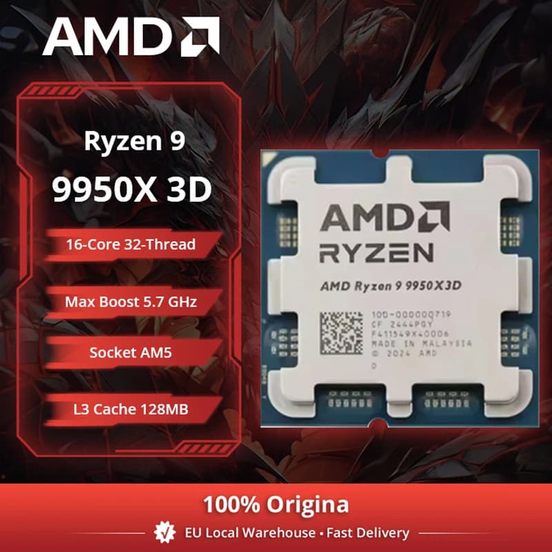 AMD Ryzen 9 9950X3D 16-Core  CPU, 5.7GHz, 144MB Cache, AM5 Socket, DDR5, 170W TDP, R9 9000 Series No Cooler
