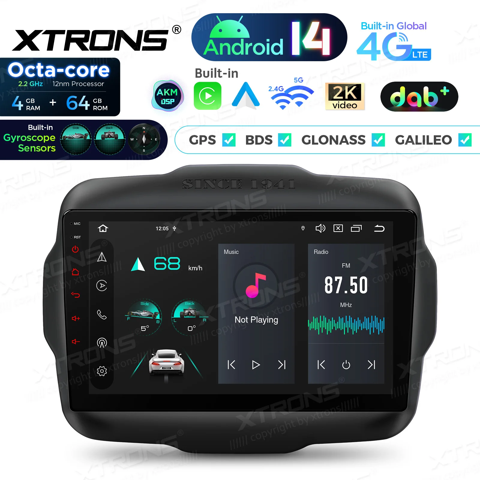 XTRONS 9'' For Jeep Renegade 2015-2020 Android 14 Car Multimedia Player OctaCore 4+64G Stereo Built-In Wireless Carplay Auto DSP