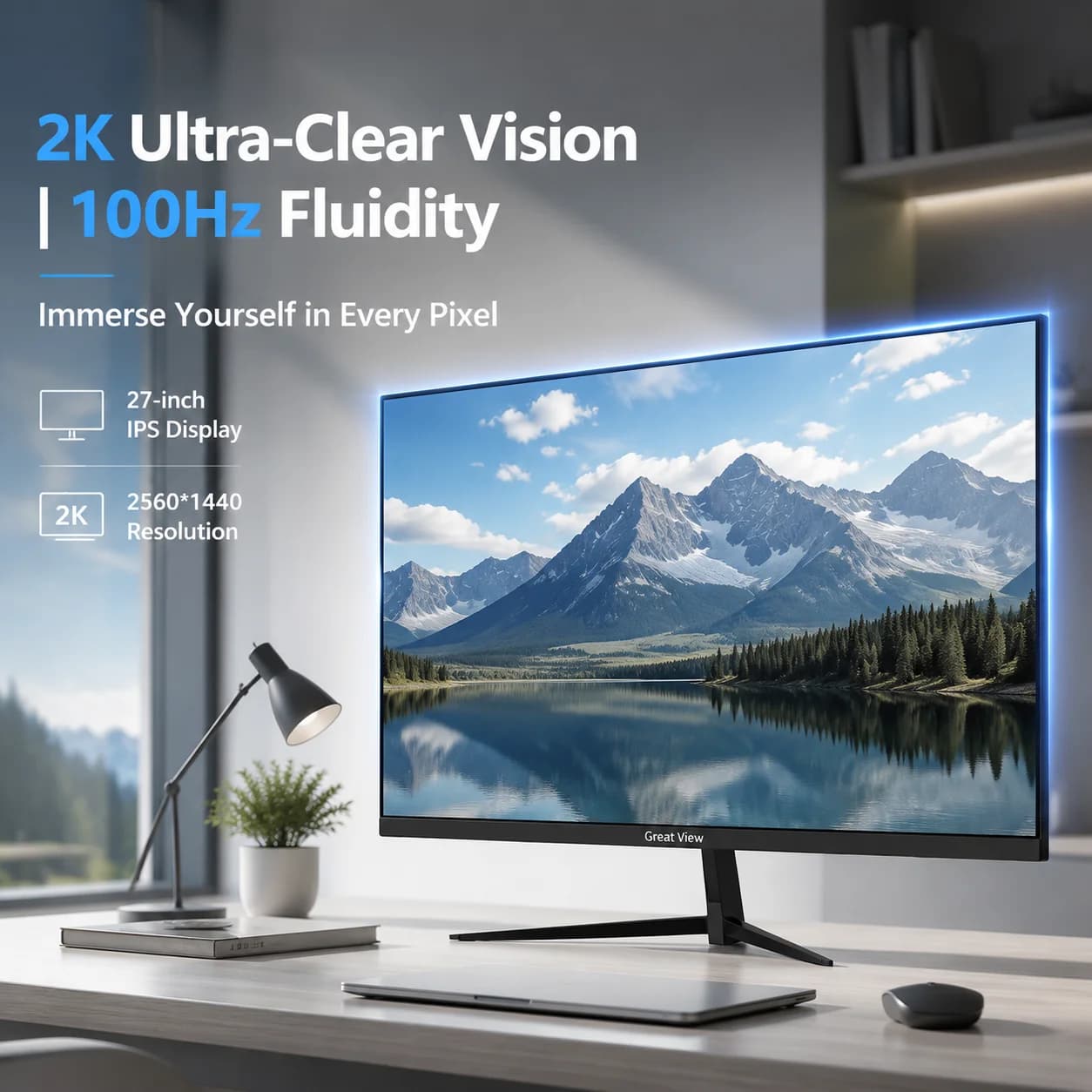 27-inch Full HD gaming monitor, 2K resolution (2560 x 1440), 100Hz high refresh rate, IPS panel, ultra-narrow bezels, eye-care technology, and adjustable viewing angles. Ideal for PC gamers, office wo