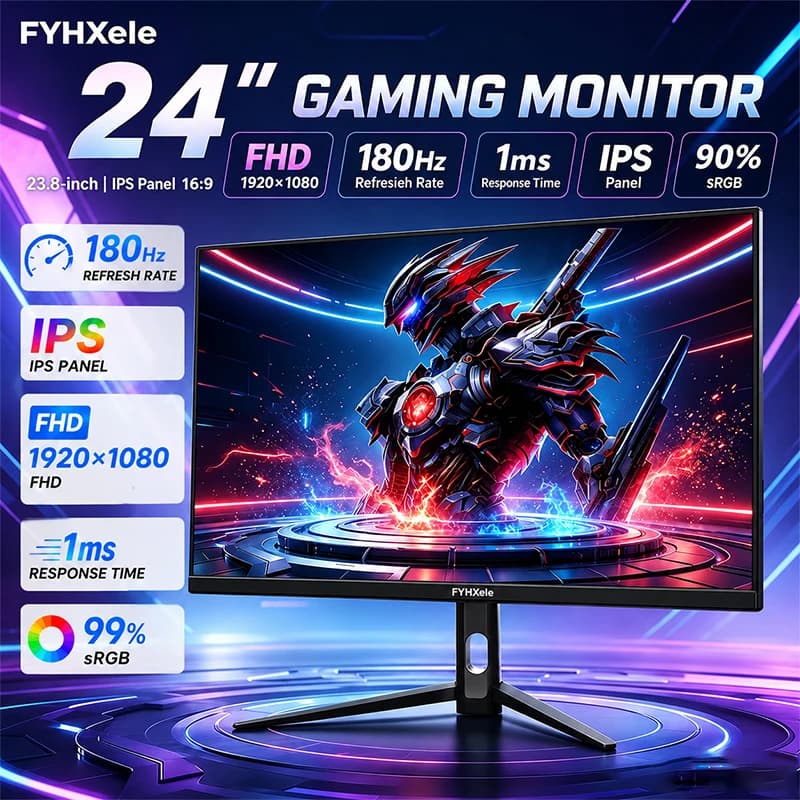 New 24 Inch Display Gaming Monitor 180Hz FHD 1080P IPS Panel 1ms Tablet Computer Monitor Frameless Desktop Monitor 99% SRGB with DP HDMI Audio Port RGB Backlight for Gamers Office Computer