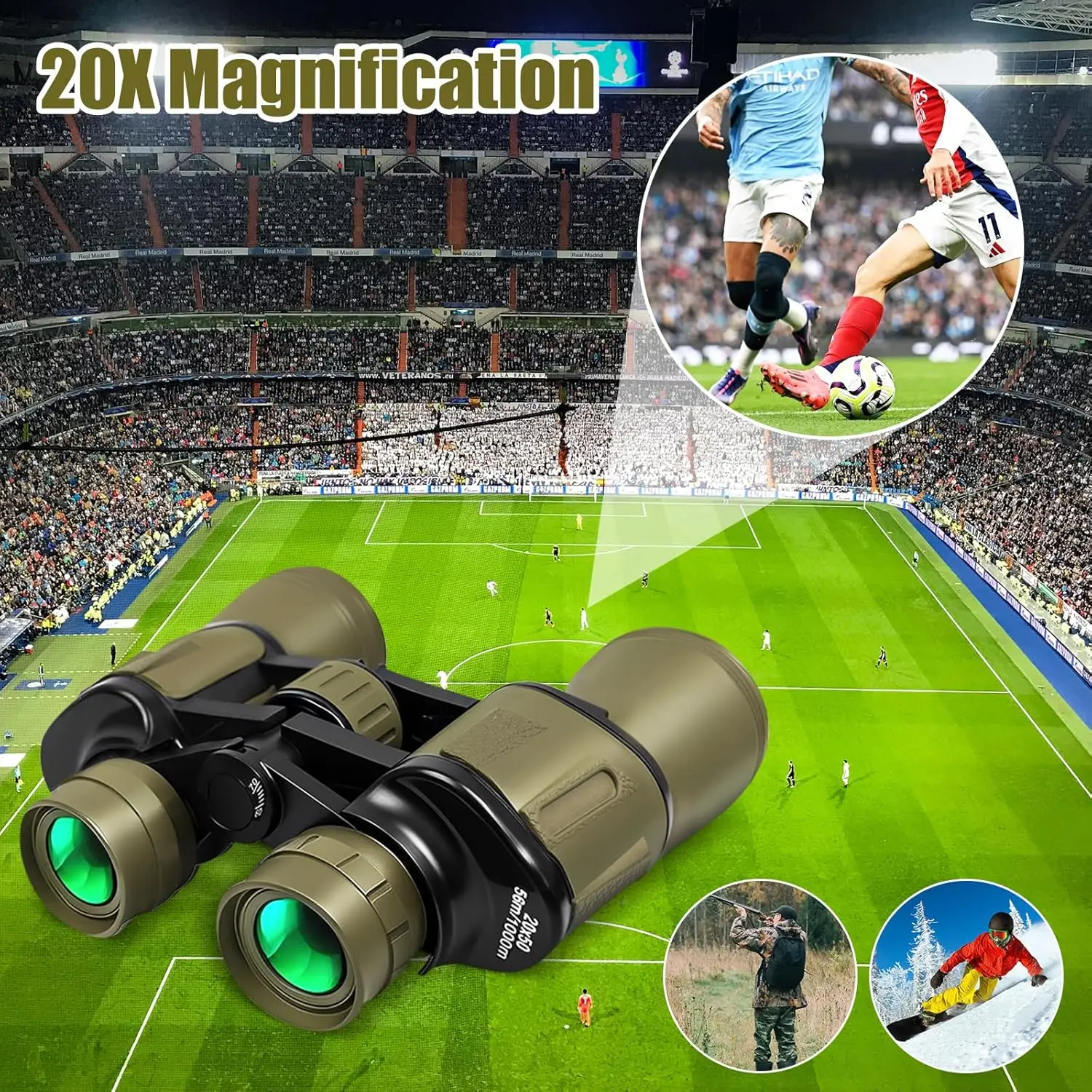 20*50 Binoculars with Low Light Night Vision Function Adjustable Focal Length Phone Holder