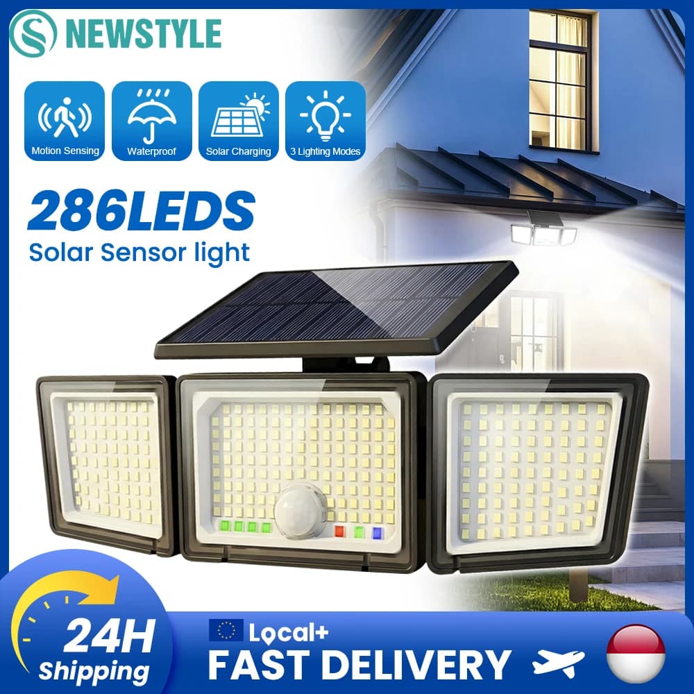 Solar Outdoor Lights Motion Sensor Security Flood Lights 286 LED 2500LM 1500mAh Capacity Battery with Visual Battery & Mode Display 3 Lighting Modes 3-Head Wide Angle IP65 Waterproof Solar Charging Eco & Energy Efficient Outdoor Garden Lights for Garage