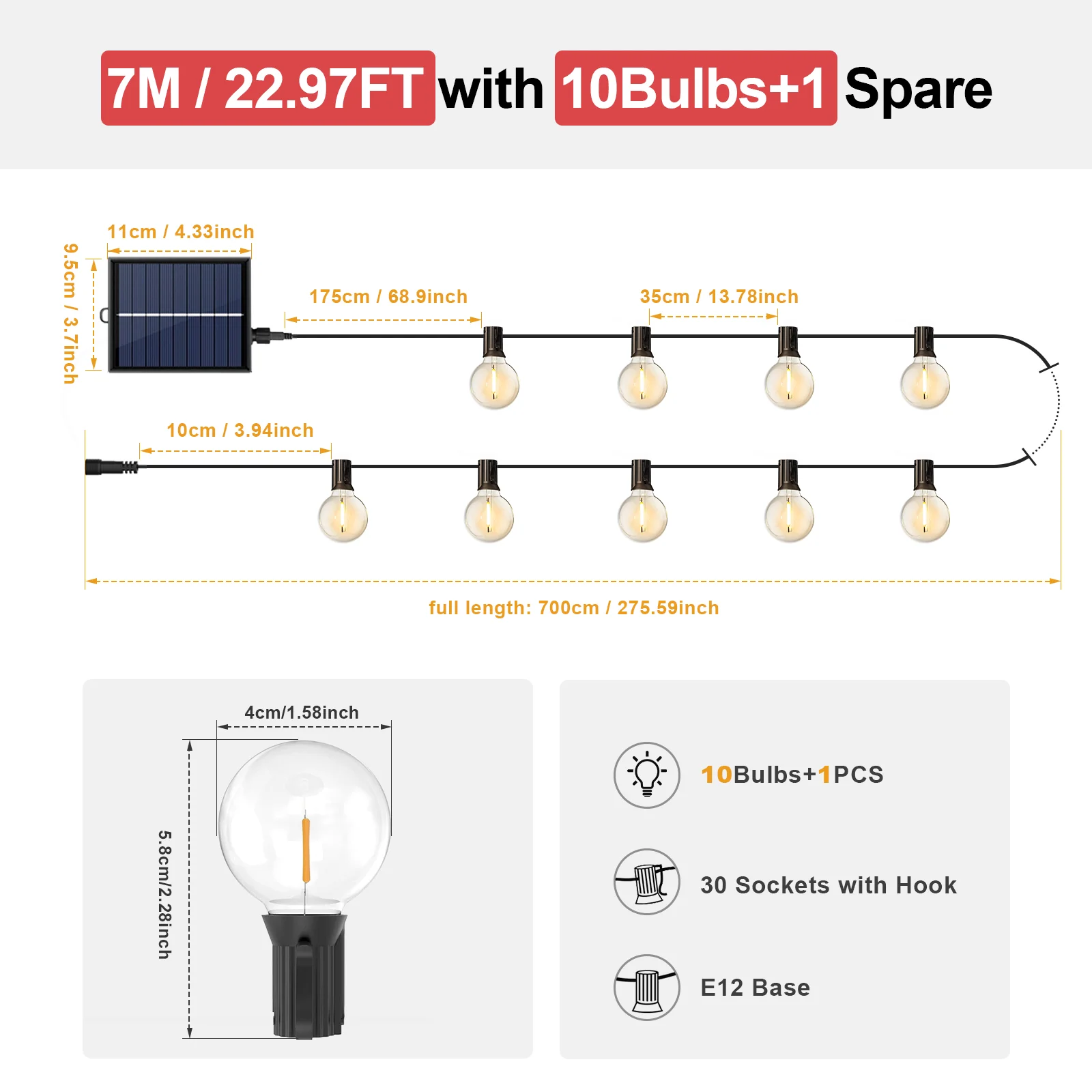 Solar LED String light Outdoor with Remote Control - Dimmbar G40 Lantern Bulbs Outdoor Waterproof 8 Modes Solar L