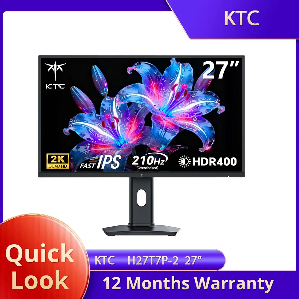 KTC H27T7P-2 Gaming Monitor 27" Fast IPS 2560×1440 QHD 200Hz Overdrive to 210Hz, 16:9, ELED, 1.07 Billion Colors (8-bit + Hi-FRC), DC12V/4A, 400 cd/m² Brightness, HDR400, FreeSync and G-Sync Technologies