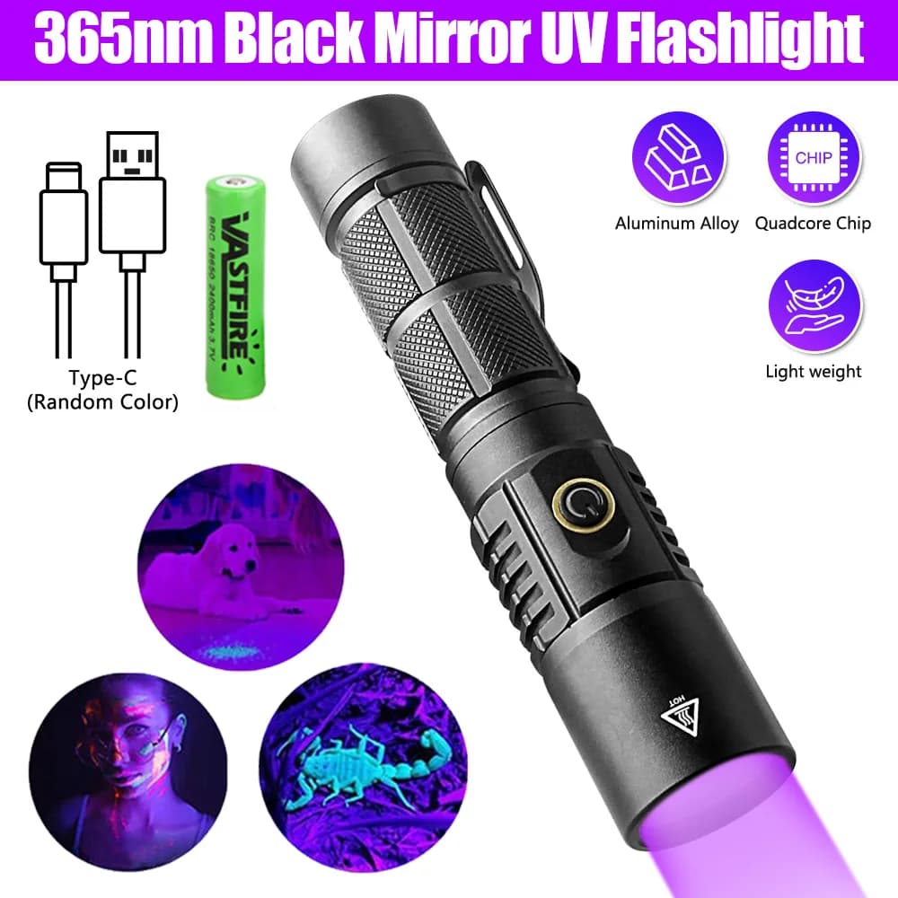 365nm UV Taschenlampe USB-C Rechargeable, Blacklight Flashlight for Pet Urine Detector & Resin Curing, Waterproof UV Torch for Money Check, EU Local Stock