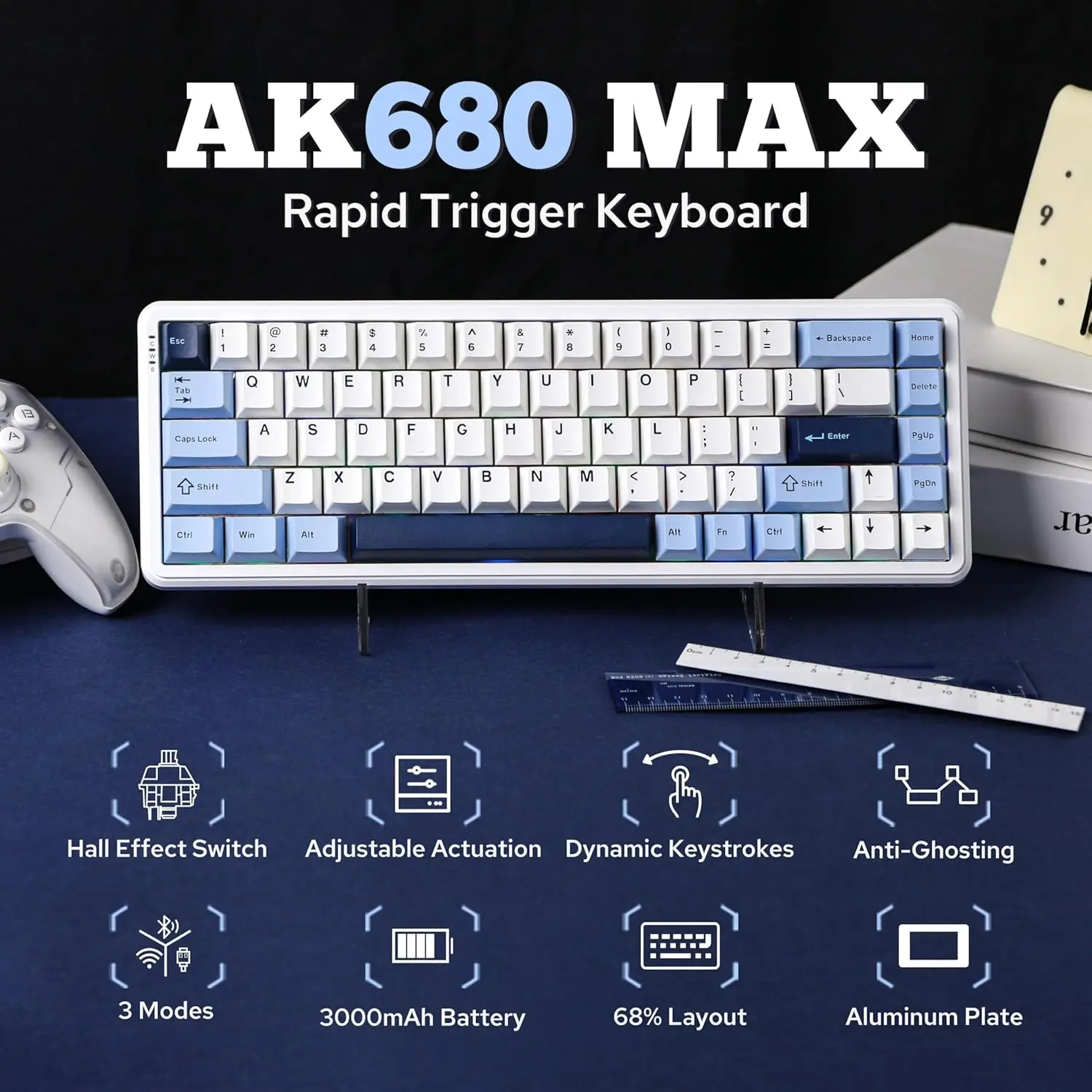 Ajazz Ak680 Max Magnetic Switch Wireless Mechanical Keyboard Tri-Mode Hot Swap 8K Gaming Bluetooth Keyboard 68 Keys Pc Esports